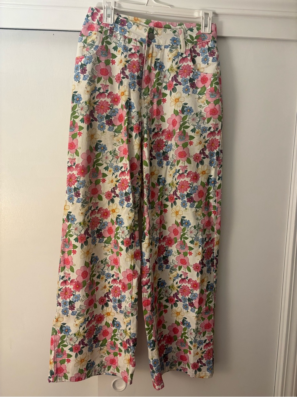 SHEIN Cream Wide-Leg Pants with Pink, Blue & Yellow Floral Print